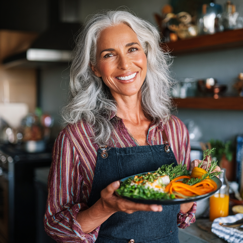 Жінка 55 років з усмішкою тримає тарілку зі здоровою їжею на кухні, демонструючи радість від правильного харчування