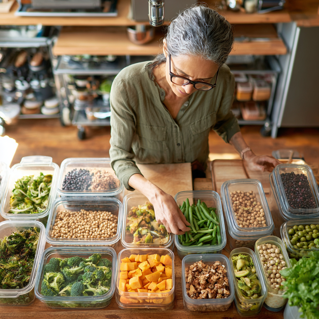 Жінка 56 років на кухні організовує продукти в контейнерах для зберігання, демонструючи екологічний підхід до харчування