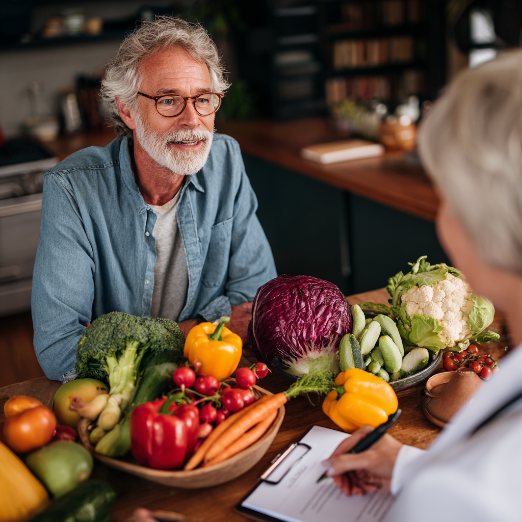 Чоловік 58 років з дієтологом обговорюють персональний план харчування за столом з різноманітними здоровими продуктами