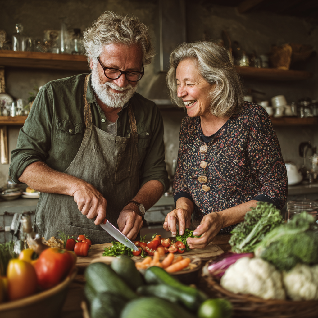 Пара в віці 52-60 років готує здорову їжу разом на кухні, посміхаючись та насолоджуючись процесом